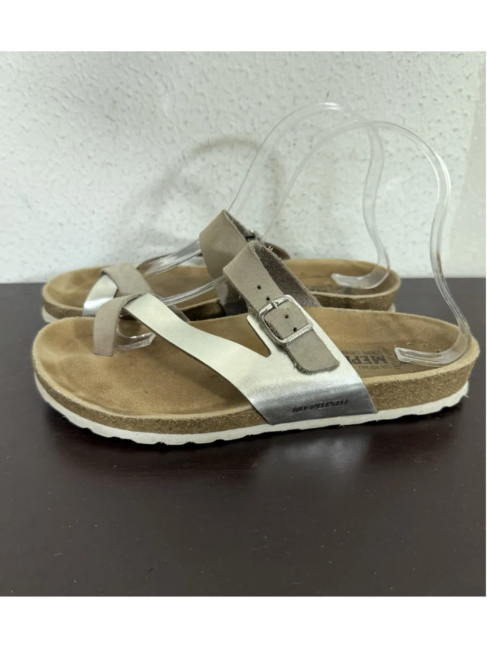 Mephisto Nalia Sandal Womens 38EU/8US Slip On Slide Silver & Tan Leather Boho